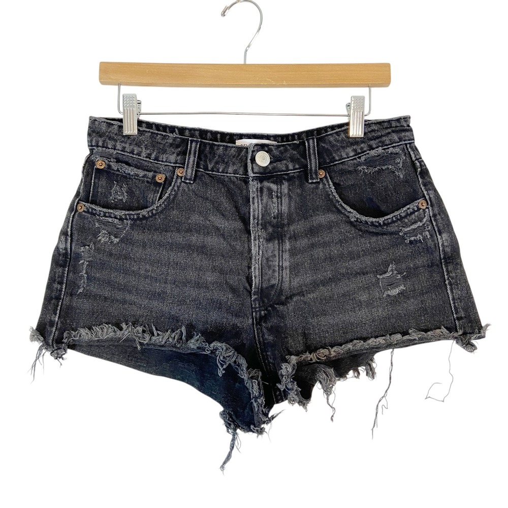 ZARA Denim Cutoff Shorts Women Size 6 Black Distressed Grunge Festival Trashed‎